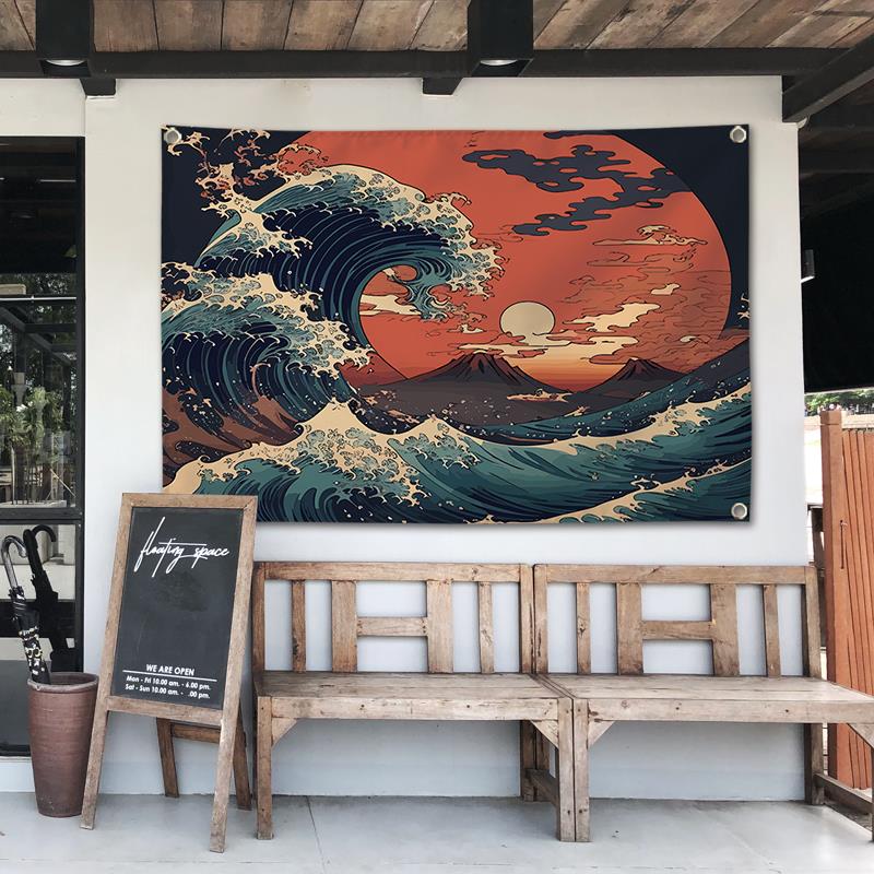 定制日式浮世绘海浪风景酒吧居酒屋料理纹身刺青店墙饰背景挂布