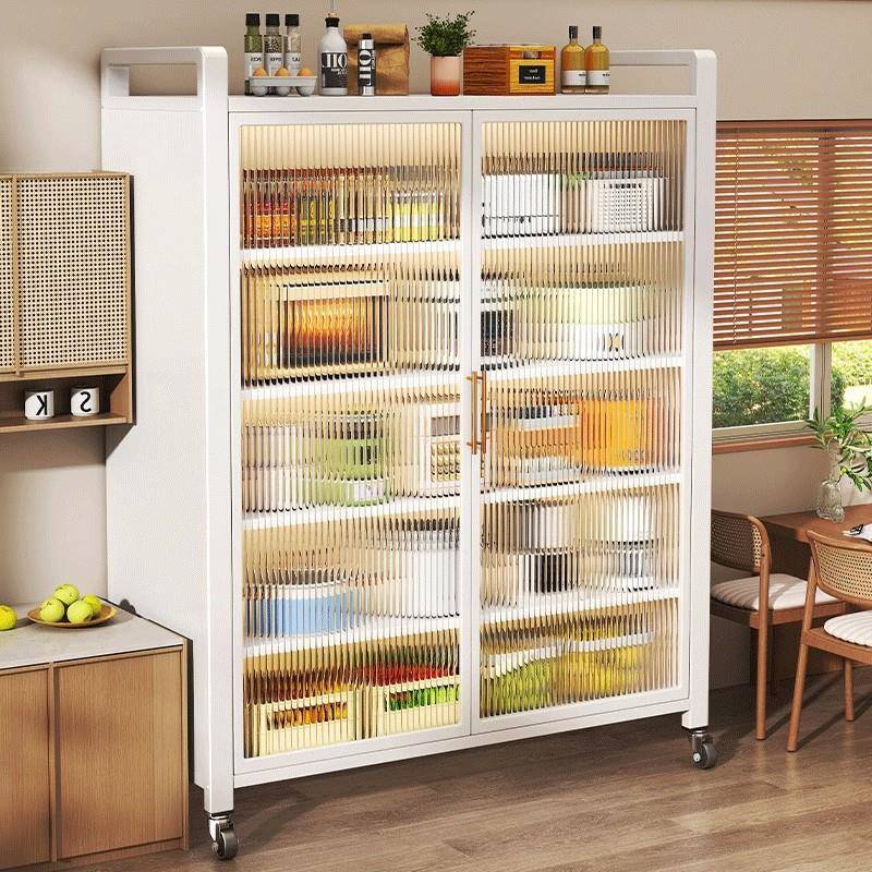 厨房置物架落地多层防尘橱柜微波炉收纳柜多功能带门碗柜储物柜子