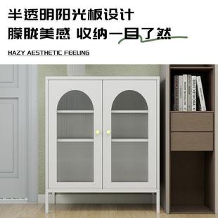 客厅茶水餐边柜 厨房餐厅收纳柜奶油清新风储物铁皮柜简约玻璃门款
