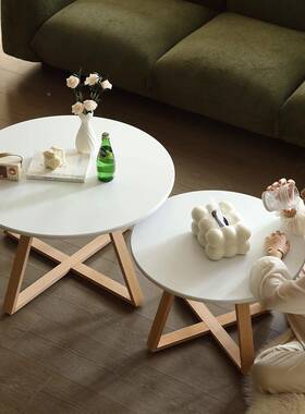 日式实厅卧室子茶几客家用木阳台白色家具圆形桌极简小SCR户型折