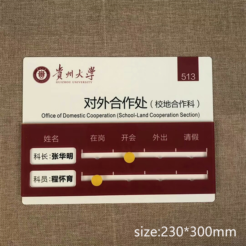 亚克力人员去向牌员工出勤状态告知牌办公室标识牌提示牌定制标牌