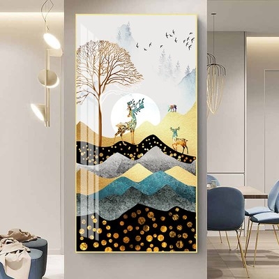 新中式挂画轻奢玄关立体装饰画竖版简约麋鹿金属框壁画单幅图片