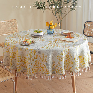 轻奢风大圆桌黄色桌布小圆形餐桌布艺茶几垫布现代台布高级感美式