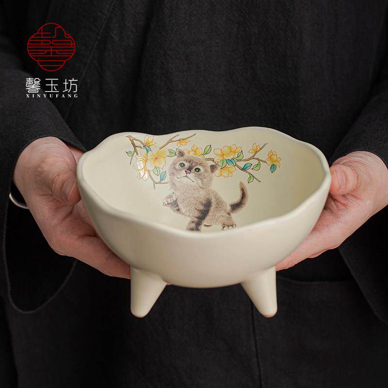 萌陶猫23-749汝窑开片中式茶三足高脚瓷水盘果盘精致点点心盘零食