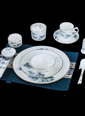 中摆台餐具新套组骨瓷碗碟定制loog饭厅会所国风酒店商EWX用四式