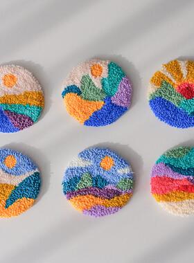 一套6个风景作手戳戳材绣d手工iy料包杯垫戳针隔热H0001垫毛线画