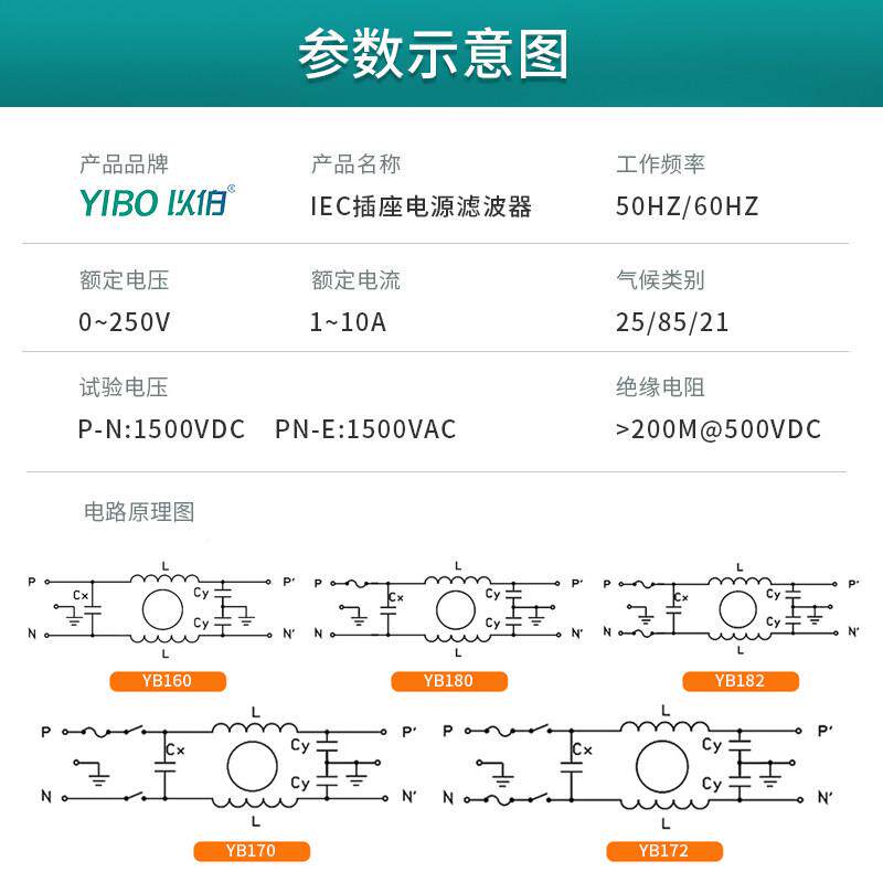 YB160\/1IC插示座电源波器220V抗干滤扰emi交流开关保险管指E灯三