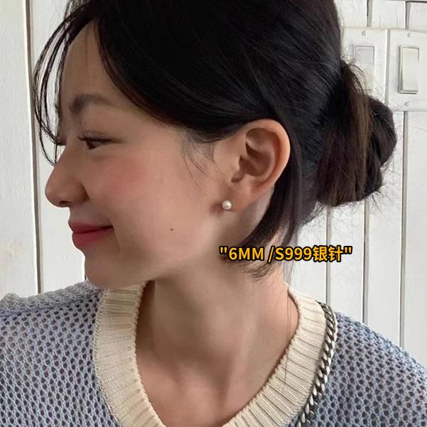珍珠耳钉纯银999纯银耳钉女大珍珠耳饰馒头澳白珍珠耳环针养耳洞