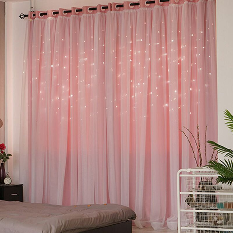 韩式双层蕾丝遮光镂空星星窗帘定制公主粉色窗帘卧室夜光窗帘成品