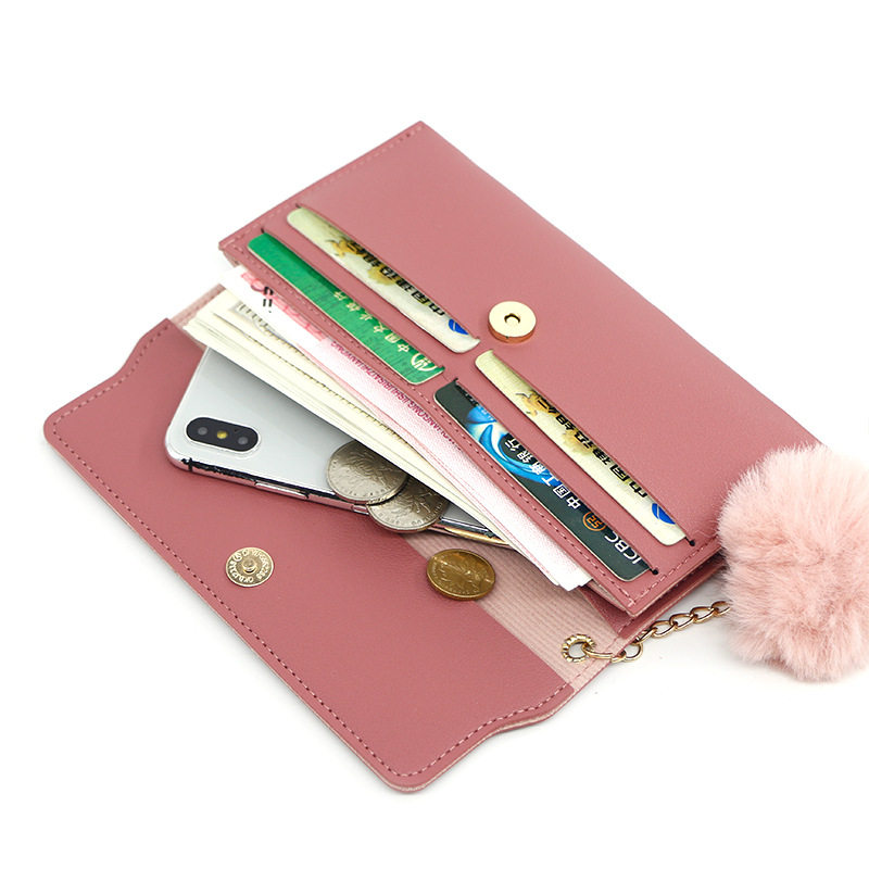 Fashionable New Women Long Wallets Pure Color Wool Ball Bow
