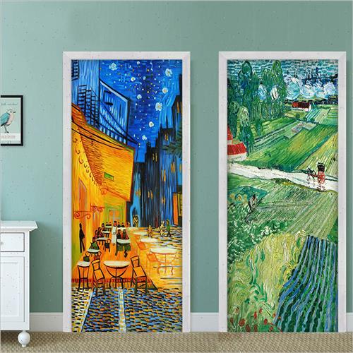 梵高门贴纸整张自粘装饰创意卧室衣柜木门翻新卫生间玻璃防水贴画图片