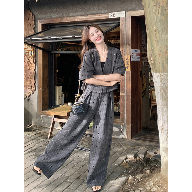 RIERA高级感灰色条纹短袖西装套装女夏气质通勤慵懒松弛感阔腿裤