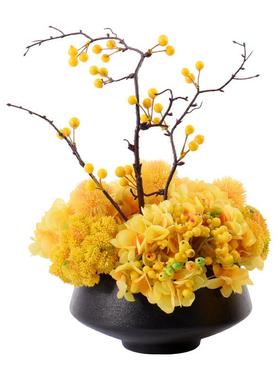 新中式黄色软装饰品盆景玄关博古架墙柜售楼处洽谈桌餐厅花艺摆件