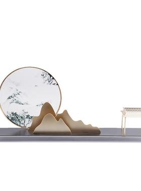 创意新中式禅意金属亚克力抽象假山风景画屏风摆件样板房玄关摆设