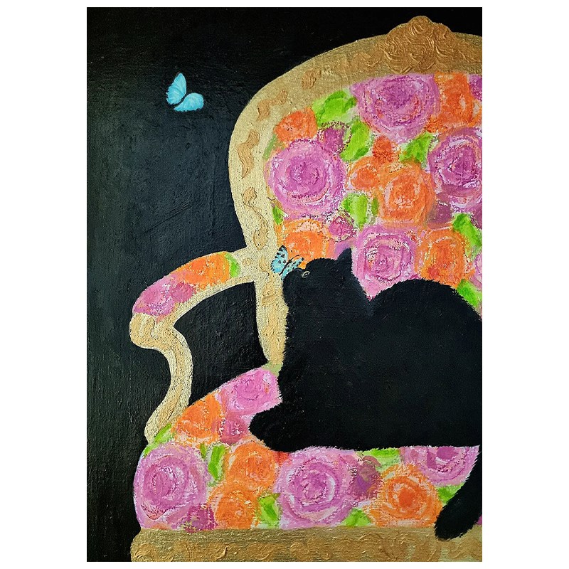 速发大芬村黑色猫咪抽象客厅装饰画丙烯肌理花卉手绘油画蝴蝶玄关图片