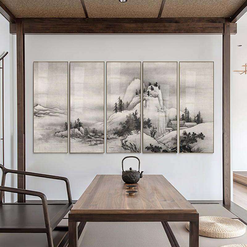 速发零动新中式酒店客厅背景墙巨幅挂画黑白风景样板间装饰画
