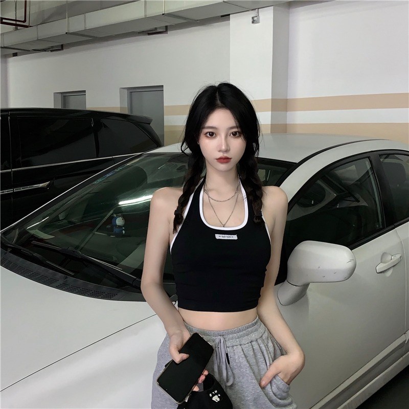 速发美式色黑挂脖运动小吊带外心夏季背穿内搭甜酷抹胸短款上衣款
