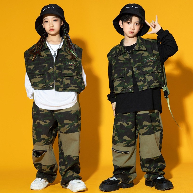 速发少儿街舞演出孩男孩演哈迷彩马甲套装服hiohip元旦炸街表嘻服