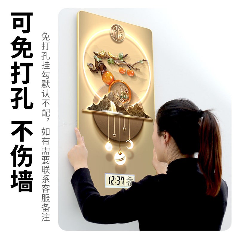 速发新中式葫芦钟表挂钟客厅家用创意灯光装饰画餐厅挂画石英静音