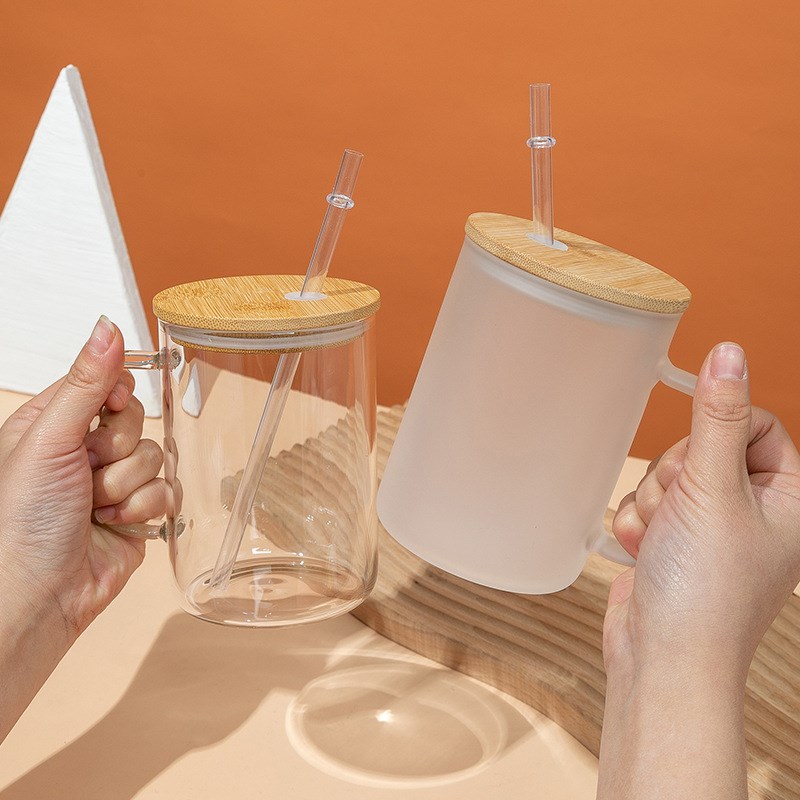 速发新款透明玻璃马克盖高硼硅杯家用把手大约简口径竹杯磨砂杯