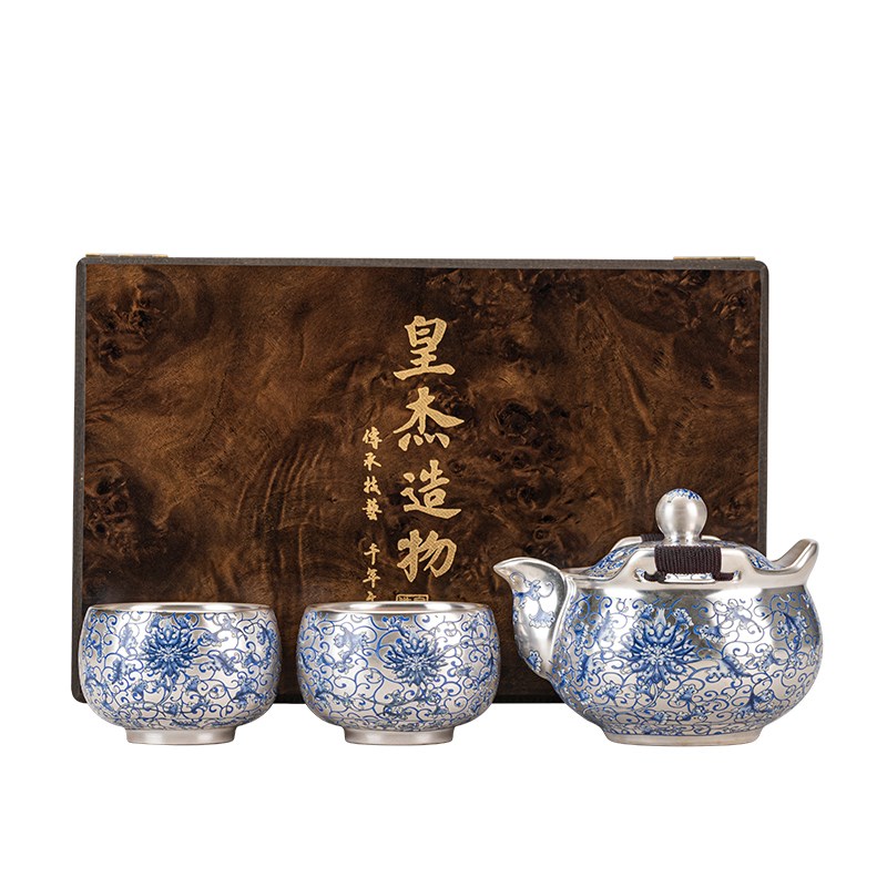 速发鎏银青花手抓壶一壶二杯功夫茶具泡茶壶茶杯高档礼盒装送领导