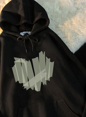 速发黑色连帽卫iovers衣ze春秋美式高街设计感袖款长薄上衣