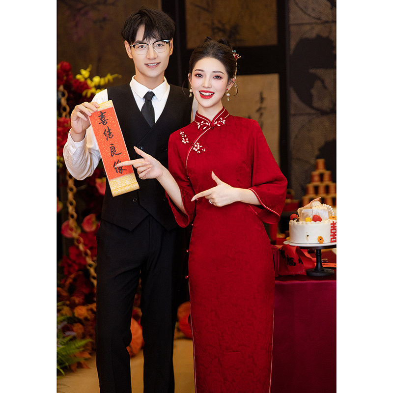 速发倒大红旗季敬酒服新娘袖色中式订婚礼服裙结婚当天便装秋冬袍