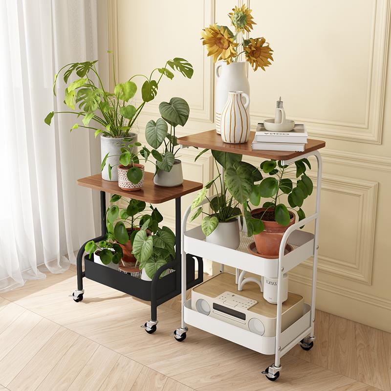 2025新款中古风铁艺带轮可移动小推车花架转角靠墙高级感展示架子