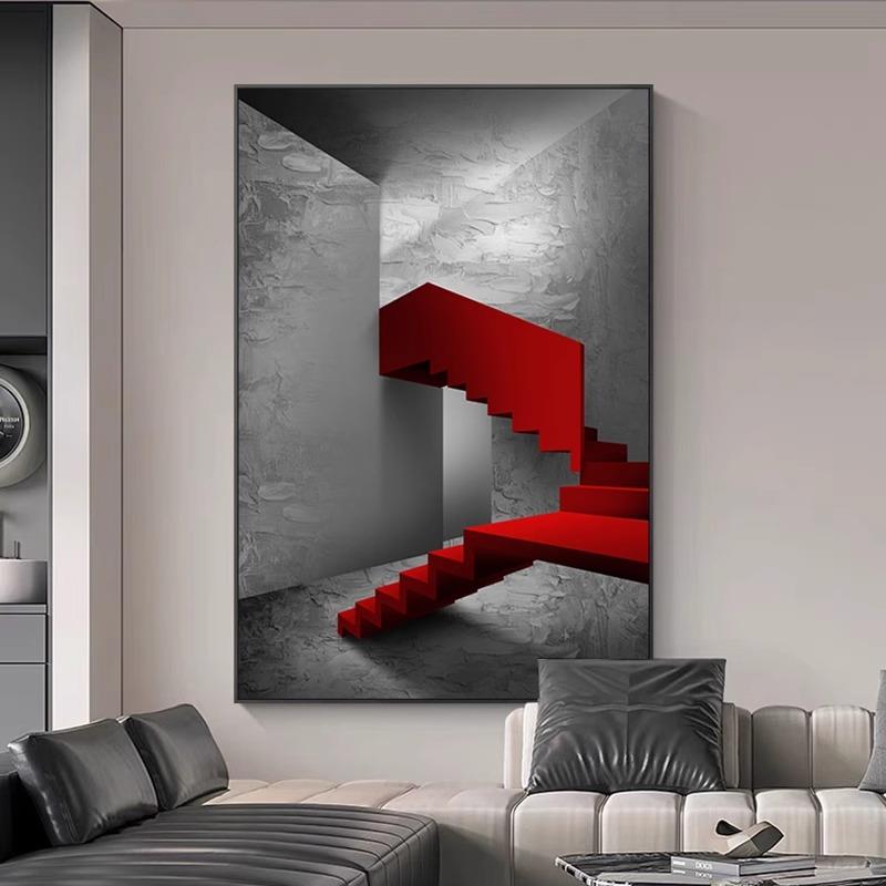 高级感意式极简抽象艺术挂画轻奢红色楼梯客厅装饰画酒店玄关壁画