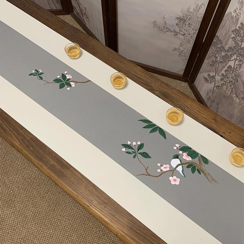 手绘防水茶席纯色桌旗手绘禅意新中式茶旗现代简约茶台布艺茶垫布