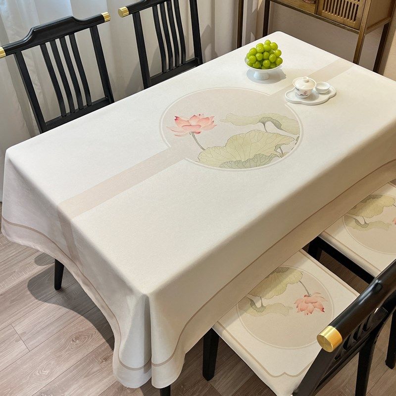精选素雅新中式荷花棉麻桌布餐桌椅子套罩长方形客厅茶室加厚盖布