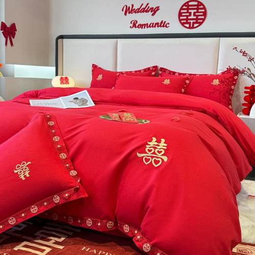 高档婚庆四件套红色2025新款刺绣被套喜被新婚庆床上用品床笠床单