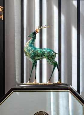 精选《九色鹿》铜金岁月黄铜鹿铜摆件新中式工艺品铜器客厅玄关装