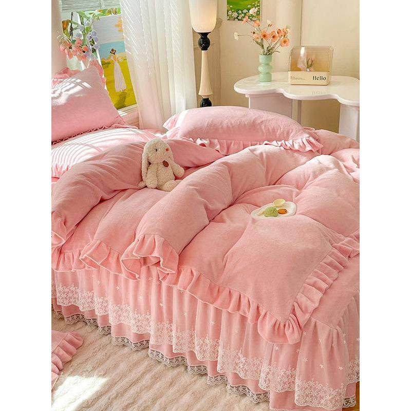 牛奶绒四件套2024新款秋冬季加绒加厚公主风床单床笠床裙床上被套