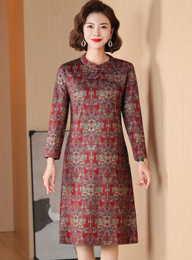 速发妈妈春高气质装贵连衣裙2老24新款洋气中0年人装长袖裙子中长