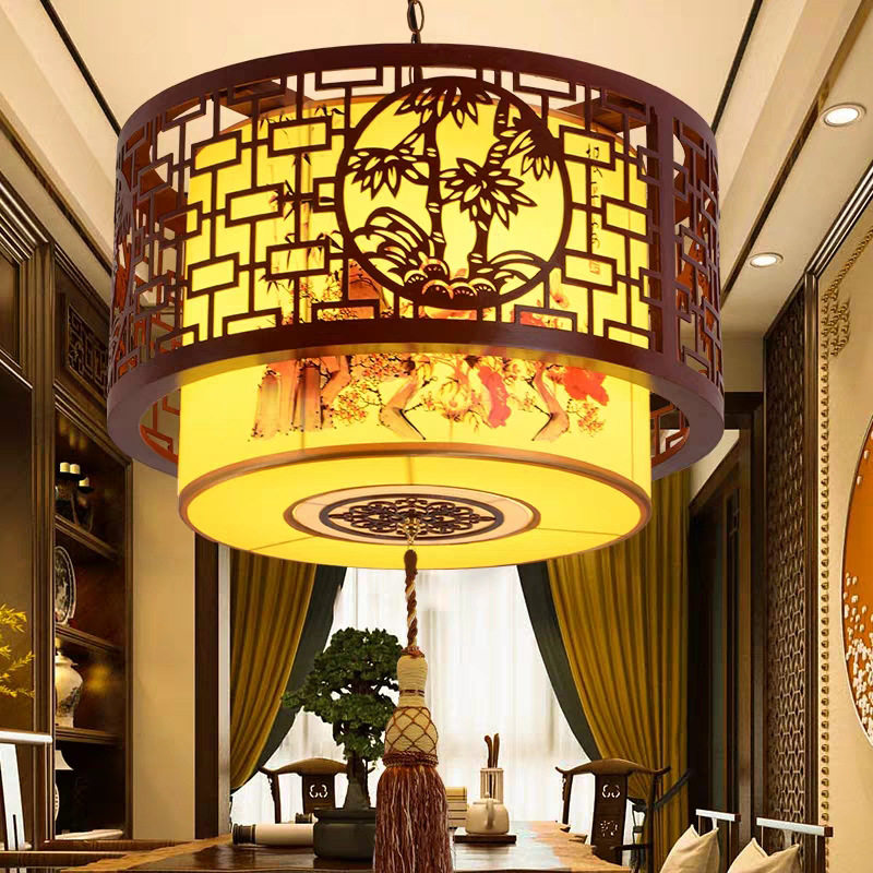 中式仿古木艺吊灯火锅饭店酒店灯客厅卧室走廊复古装饰实木羊皮灯