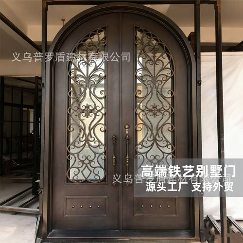 欧式纯手工锻打花枝来图复古拱形铁艺门玻璃双开别墅入户大门