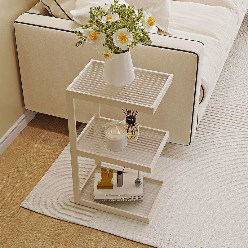 家用落地置物架客厅沙发边几奶油风玻璃角几极窄床头柜床边置物架