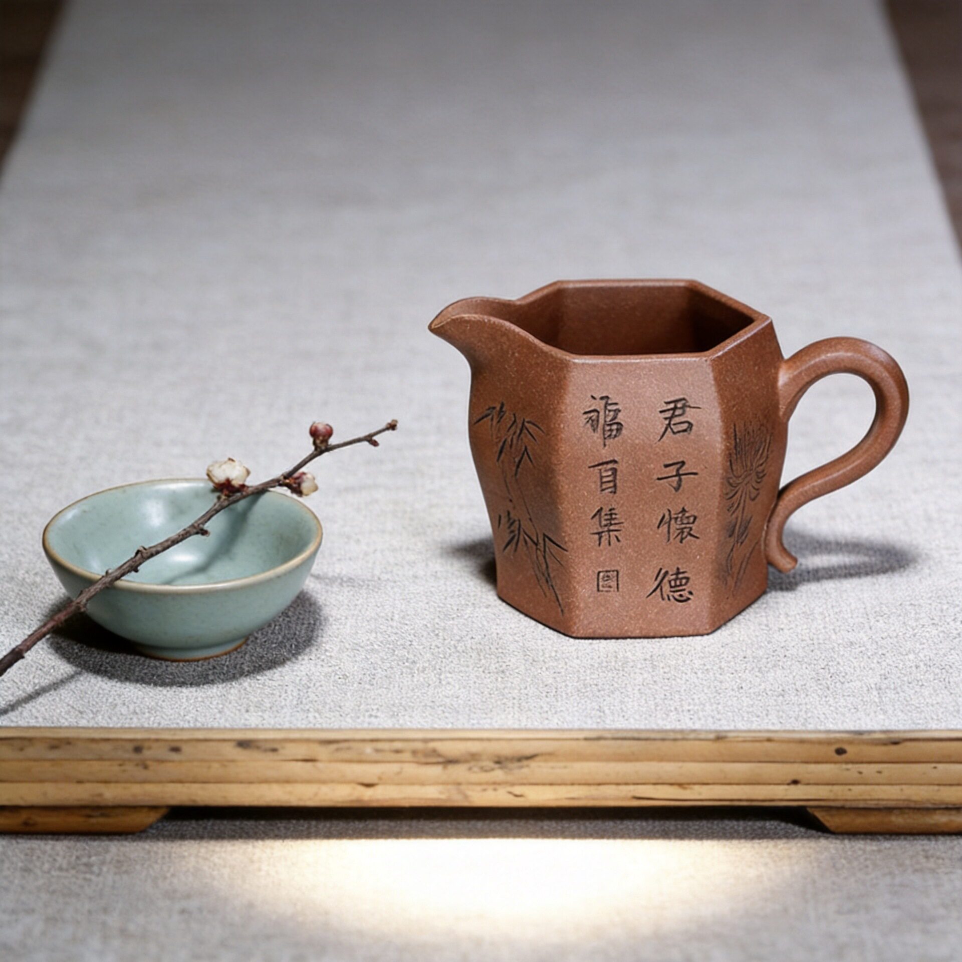 批发宜兴全手工刻绘公道杯纯手工公道杯梅兰竹菊六方紫砂公道杯