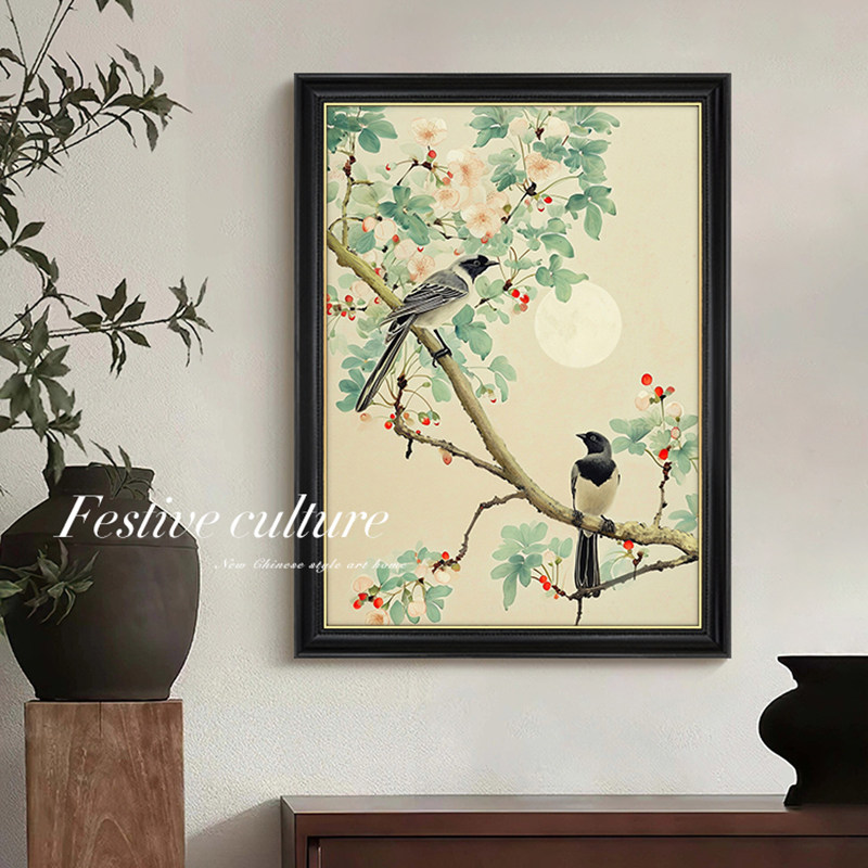喜上眉梢十字绣2024新款线绣玄关中古风飞鸟图手工刺绣钻石画带框,居家布艺,十字绣套件,淘宝优惠券,粉丝福利购,淘宝优惠卷