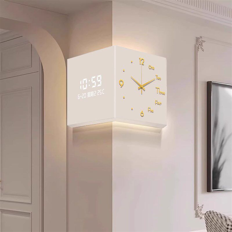 简约客厅转角钟表挂墙2025新款高级感数显电子表时钟挂钟拐角双面