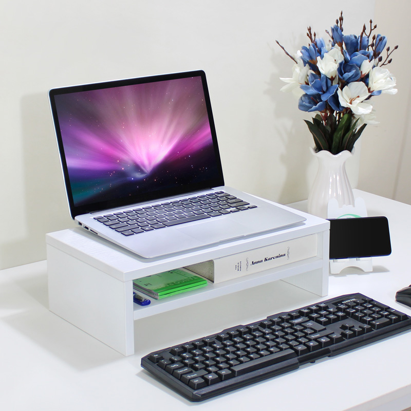 笔记本电脑显g示器增高收纳架桌上简约24宽双层黑白色木质置物支