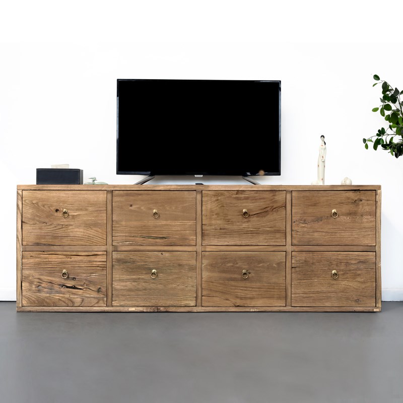古朴榆木电视柜加l高简约门板原木家具多功能储物收纳抽屉实木斗