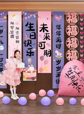 女孩紫色主题生日场景布置高级感派对条幅挂O布装饰套餐氛围背景