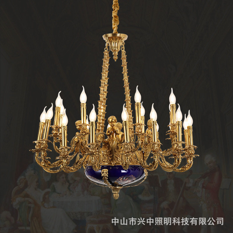 法苑法式全铜陶瓷吊灯欧式宫廷客厅高端别墅复式楼大厅全铜灯具