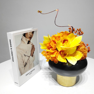 新中式橙色仿真花艺盆景样板间售楼处洽谈桌玄关吧台装饰品摆件设