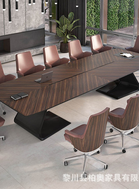 黑檀色会议桌长桌现代简约培训桌大型会议室办公桌椅组合带线盒