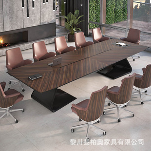 黑檀色会议桌长桌现代简约培训桌大型会议室办公桌椅组合带线盒