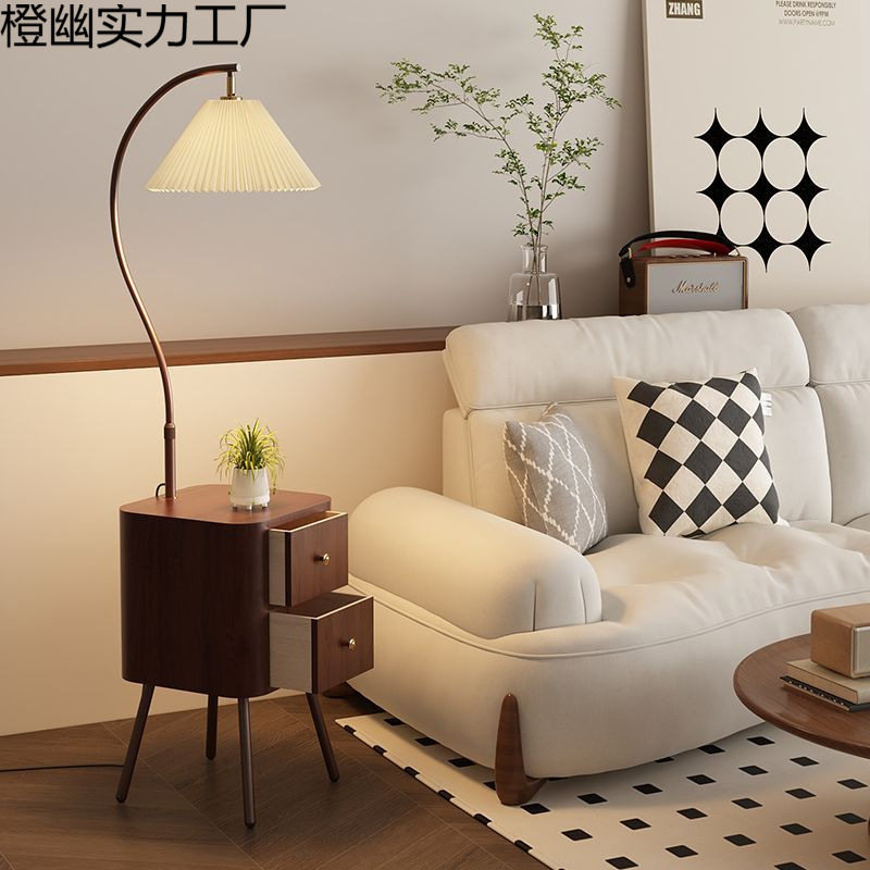 中古风置物架落地灯卧室装饰复古沙发边几客厅茶几床头柜台灯一体