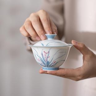 羊脂玉瓷手绘兰花二才盖碗高档单个陶瓷茶碗家用泡茶不烫手泡茶器